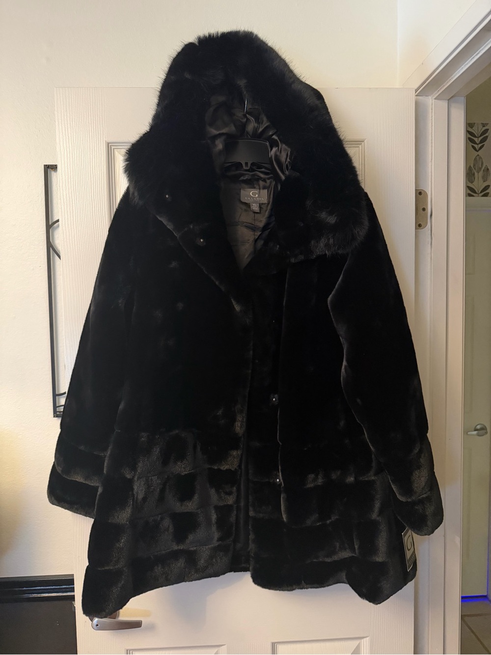 NWT Gallery New York Black Faux Fur Hooded Coat Jacket XL
